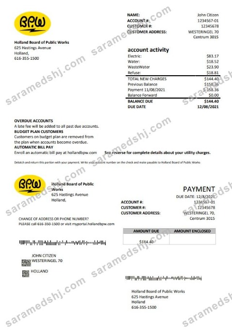 Netherlands BPW utility bill template in Word and PDF format